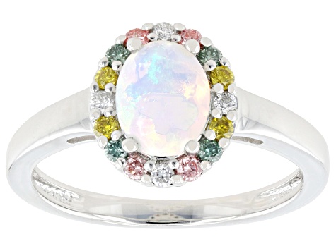White Ethiopian Opal with Multi-Color Prazana® Lab-Grown Diamonds Rhodium Over Sterling Silver Ring