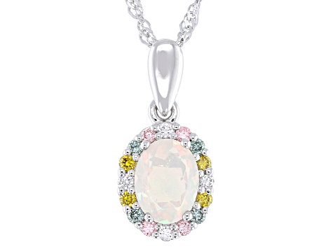 White Ethiopian Opal & Prazana® Lab-Grown Diamonds Rhodium Over Silver Pendant With Chain