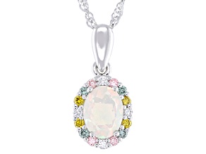 White Ethiopian Opal & Multi-Color Lab Grown Diamond Rhodium Over Silver Pendant With Chain 0.80ctw