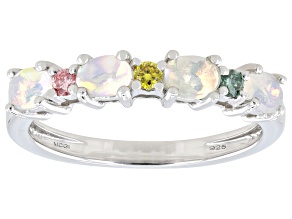 White Ethiopian Opal with Multi-Color Lab Grown Diamond Rhodium Over Silver Ring 0.47ctw