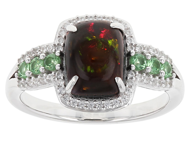 Black Opal with Green Tsavorite and White Zircon Rhodium Over