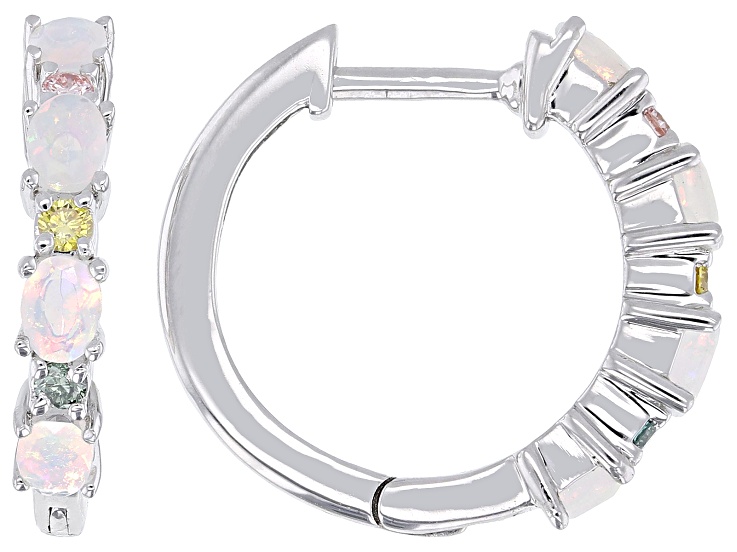 White Ethiopian Opal with Multi-Color Prazana® Lab-Grown Diamonds Rhodium Over Silver Earrings