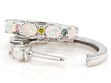 White Ethiopian Opal with Multi-Color Prazana® Lab-Grown Diamonds Rhodium Over Silver Earrings