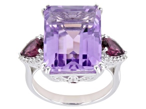 Purple Canela Amethyst with Rhodolite & Zircon Rhodium Over Sterling Silver Ring 10.52ctw
