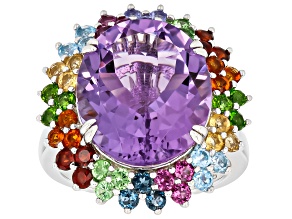 Purple Canela Amethyst with Multi-Color Gemstone Rhodium Over Sterling Silver Ring 7.63ctw