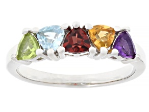 Multi-Color Gemstone Platinum Over Sterling Silver 5-Stone Ring 1.12ctw