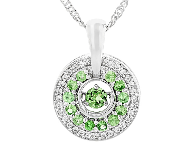 Green Tsavorite with White Zircon Rhodium Over Sterling Silver Dancing Pendant with Chain 0.74ctw