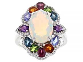 Ethiopian Opal with Multi-Color Gemstone Rhodium Over Sterling Silver Ring 3.75ctw