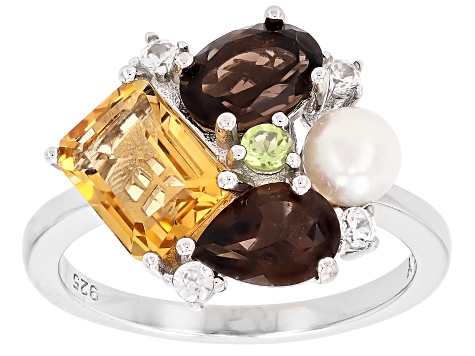 Multi-Color Gemstone With Cultured Freshwater Pearl Rhodium Over Sterling Silver Ring 2.78ctw