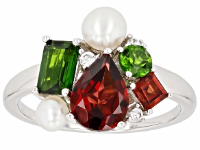 Multi-Color Gemstone With Cultured Freshwater Pearl Rhodium Over Sterling Silver Ring 1.82ctw