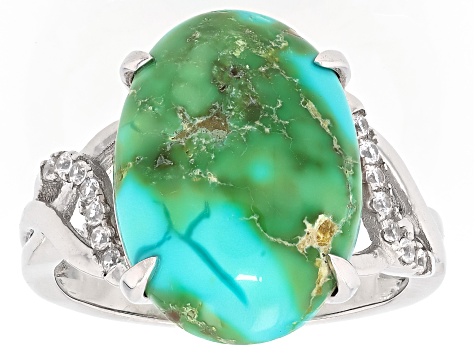 Bi-Color Sonoran Composite Turquoise With White Zircon Rhodium Over Sterling Silver Ring 0.19ctw