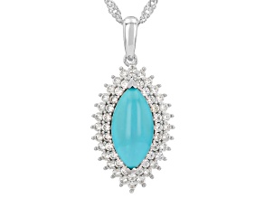 Blue Sleeping Beauty Turquoise with White Zircon Rhodium Over Silver Pendant with Chain 0.09ctw