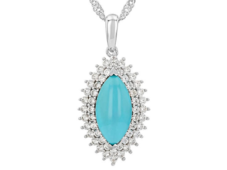 Blue Sleeping Beauty Turquoise with White Zircon Rhodium Over Silver Pendant with Chain 0.09ctw