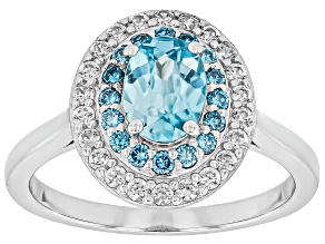 Blue And White Zircon with Blue Prazana Lab Grown Diamond Rhodium Over Sterling Silver Ring 1.21ctw