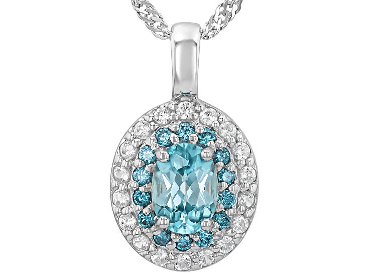 Blue Zircon Rhodium Over Silver Pendant with Chain 1.22ctw