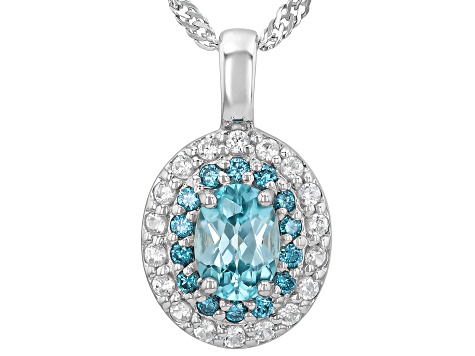 Blue Zircon Rhodium Over Silver Pendant with Chain 1.22ctw