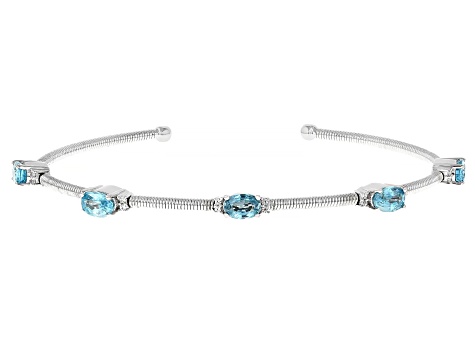 Blue Zircon Rhodium Over Sterling Silver Flex Bangle 3.31ctw