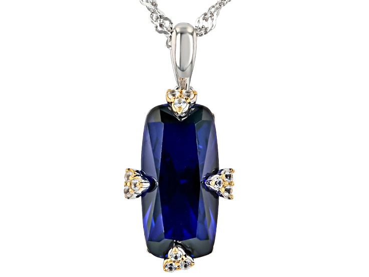 Blue Lab Created Sapphire Rhodium & 18k Yellow Gold Over Sterling Silver Pendant with Chain 4.60ctw
