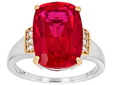 Lab Created Ruby Rhodium & 18K Yellow Gold Over Sterling Silver Two-Tone Ring 7.25ctw