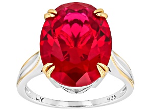 Lab Created Ruby Rhodium & 18K Yellow Gold Over Sterling Silver Solitaire Two-Tone Ring 10.20ct