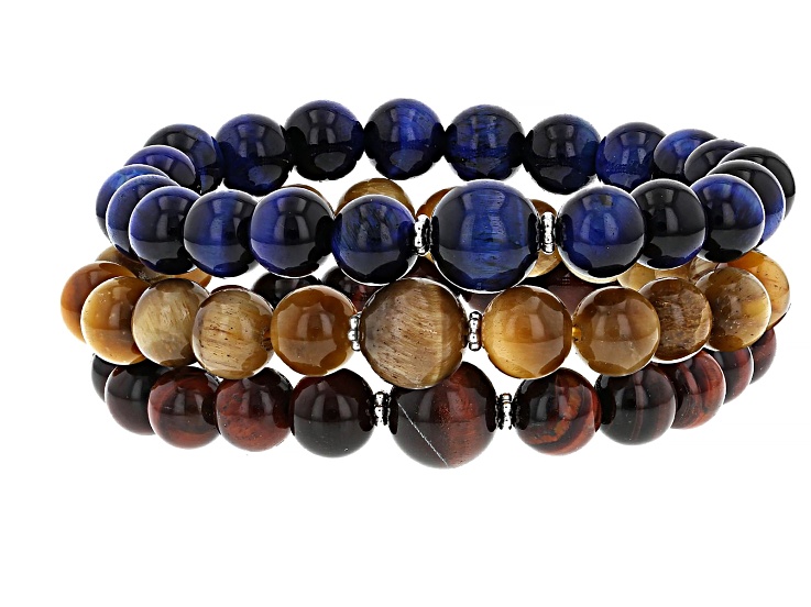 Multi-Color Tiger's Eye Rhodium Over Sterling Silver Stretchable Bracelet Set Of 3