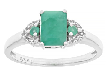 Picture of Green Zambian Emerald Rhodium Over Sterling Silver Ring 0.84ctw