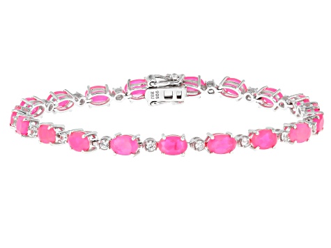 Pink Ethiopian Opal Rhodium Over Sterling Silver Tennis Bracelet 5.35ctw