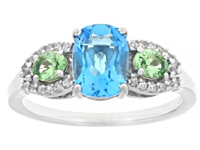 Swiss Blue Topaz With Mint Tsavorite & White Zircon Rhodium Over Sterling Silver Ring 1.81ctw
