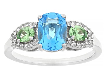 Picture of Swiss Blue Topaz With Mint Tsavorite & White Zircon Rhodium Over Sterling Silver Ring 1.81ctw