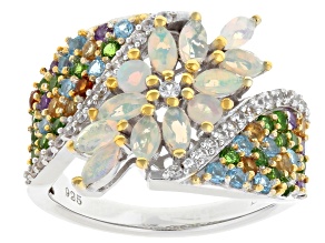 White Ethiopian Opal With Multi-Gemstone Rhodium & 18K Gold Over Sterling Silver Ring 1.33ctw