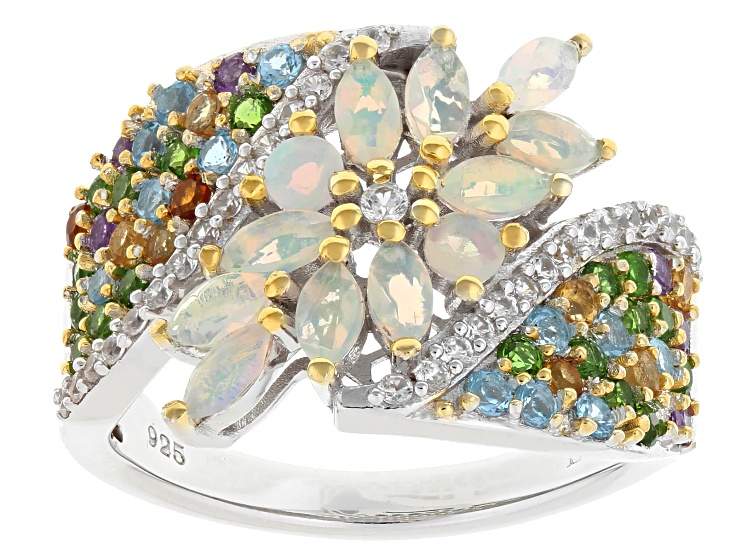 White Ethiopian Opal With Multi-Gemstone Rhodium & 18K Gold Over Sterling Silver Ring 1.33ctw