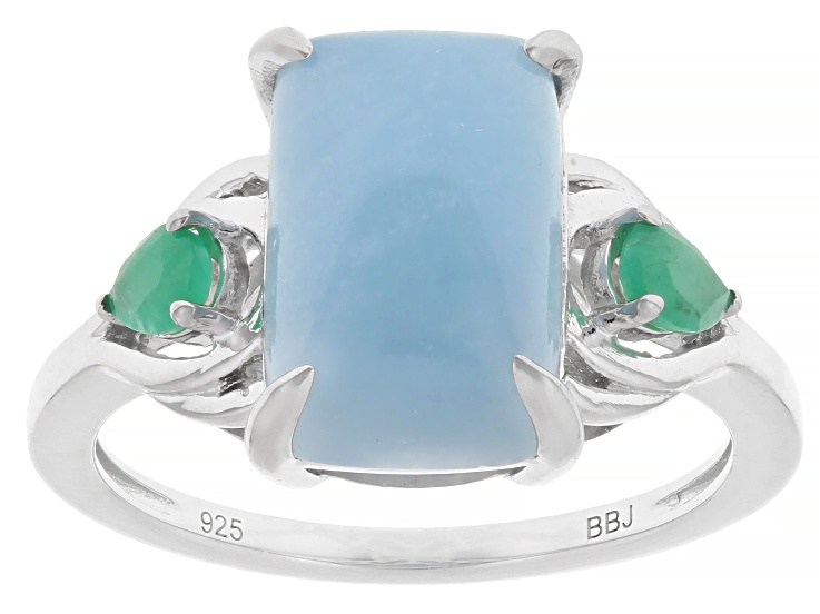 Blue Dreamy Aquamarine With Brazilian Emerald Rhodium Over Sterling Silver Ring 0.23ctw