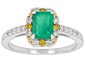 Zambian Emerald with Prazana® Lab Diamond Rhodium & 18k Yellow Gold Over Silver Ring 1.12ctw