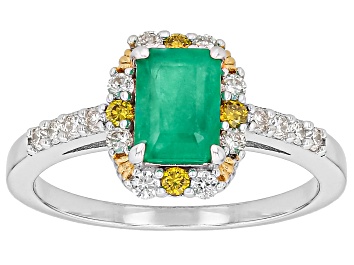 Picture of Zambian Emerald with Prazana® Lab Diamond Rhodium & 18k Yellow Gold Over Silver Ring 1.12ctw