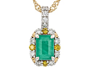 Zambian Emerald With Prazana® Lab Diamond Rhodium & 18k Gold Over Silver Pendant With Chain