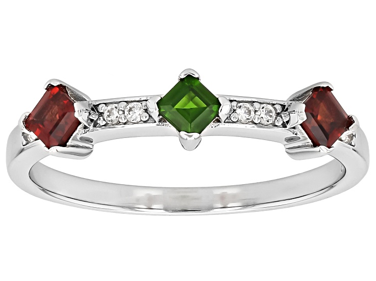 Red Garnet with Green Chrome Diopside and White Zircon Rhodium Over Sterling Silver Ring 0.54ctw