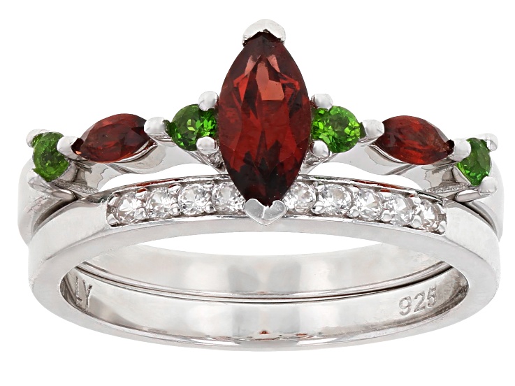 Red Garnet with Chrome Diopside and White Zircon Rhodium Over Sterling Silver Ring 1.06ctw