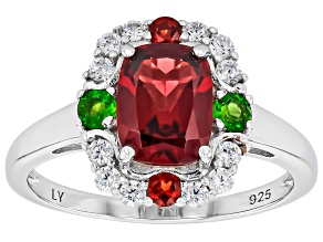 Red Garnet with Chrome Diopside and White Zircon Rhodium Over Sterling Silver Ring 1.89ctw