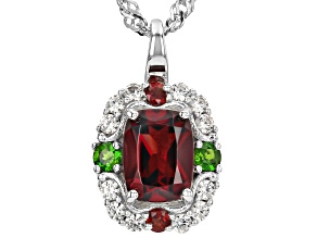 Red Garnet with Green Chrome Diopside and White Zircon Rhodium Over Silver Pendant With Chain
