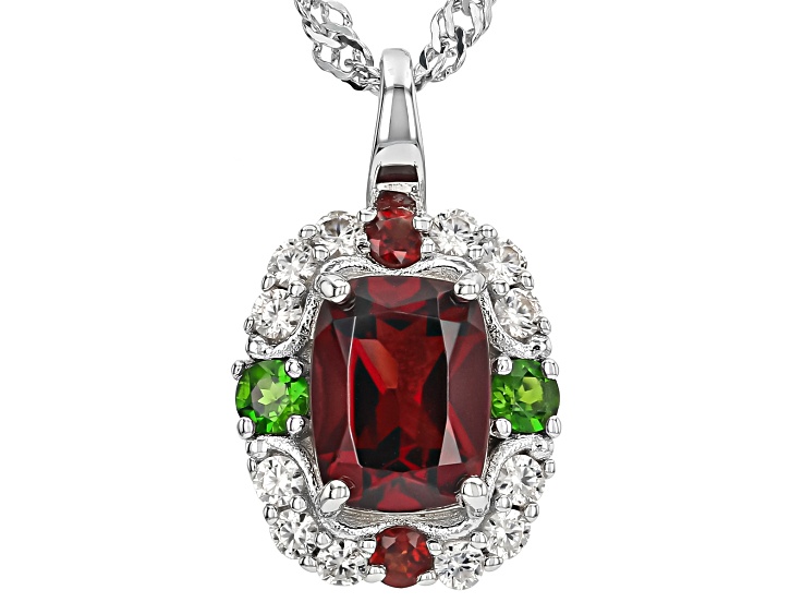 Red Garnet with Green Chrome Diopside and White Zircon Rhodium Over Silver Pendant With Chain