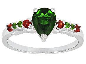 Green Chrome Diopside with Red Garnet Rhodium Over Sterling Silver Ring 1.27ctw