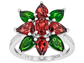 Red Garnet with Green Chrome Diopside Rhodium Over Sterling Silver Ring 3.18ctw
