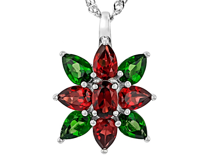 Red Garnet with Green Chrome Diopside Rhodium Over Sterling Silver Pendant with Chain 3.18ctw