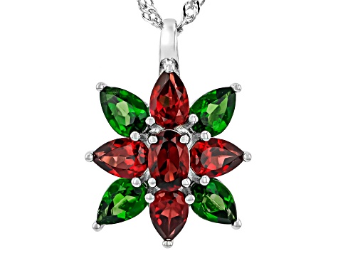 Red Garnet with Green Chrome Diopside Rhodium Over Sterling Silver Pendant with Chain 3.18ctw