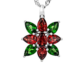 Red Garnet with Green Chrome Diopside Rhodium Over Sterling Silver Pendant with Chain 3.18ctw