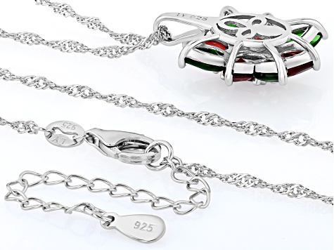 Red Garnet with Green Chrome Diopside Rhodium Over Sterling Silver Pendant with Chain 3.18ctw
