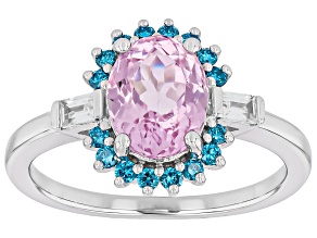 Kunzite with Blue Lab-Grown Diamond & White Zircon Rhodium Over Sterling Silver Ring 2.64ctw