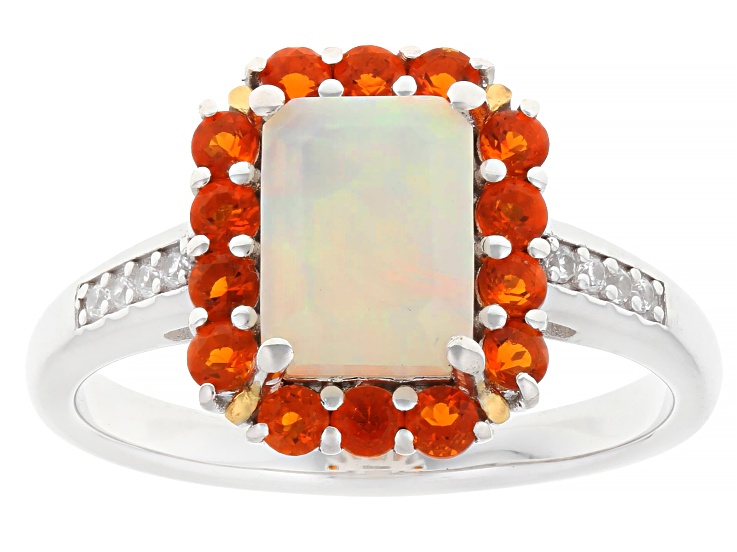 Ethiopian Opal With Fire Opal & White Zircon Rhodium & 18k Gold Over Silver Ring 1.24ctw