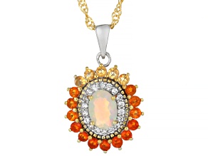 Ethiopian Opal With Fire Opal & White Zircon Rhodium & 18k Gold Over Silver Pendant With Chain