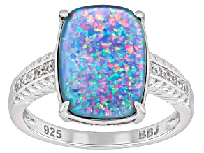 Australian Opal Triplet With White Zircon Rhodium Over Sterling Silver Ring 0.18ctw